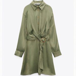 Belted Satin Mini Dress - Khaki